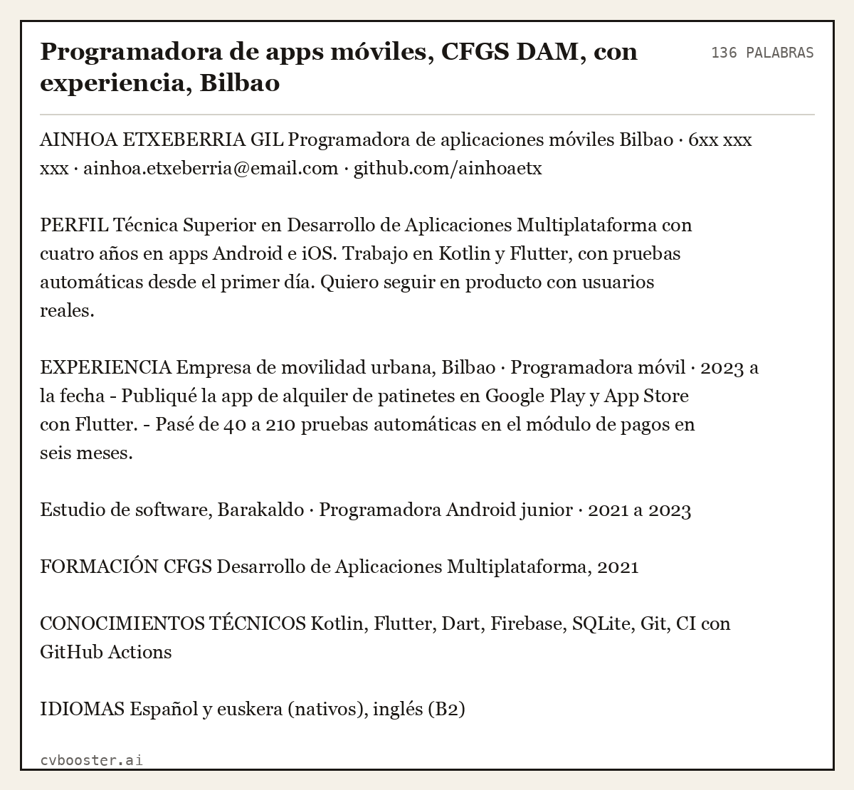 Ejemplo completo: Programadora de apps móviles, CFGS DAM, con experiencia, Bilbao, 136 palabras