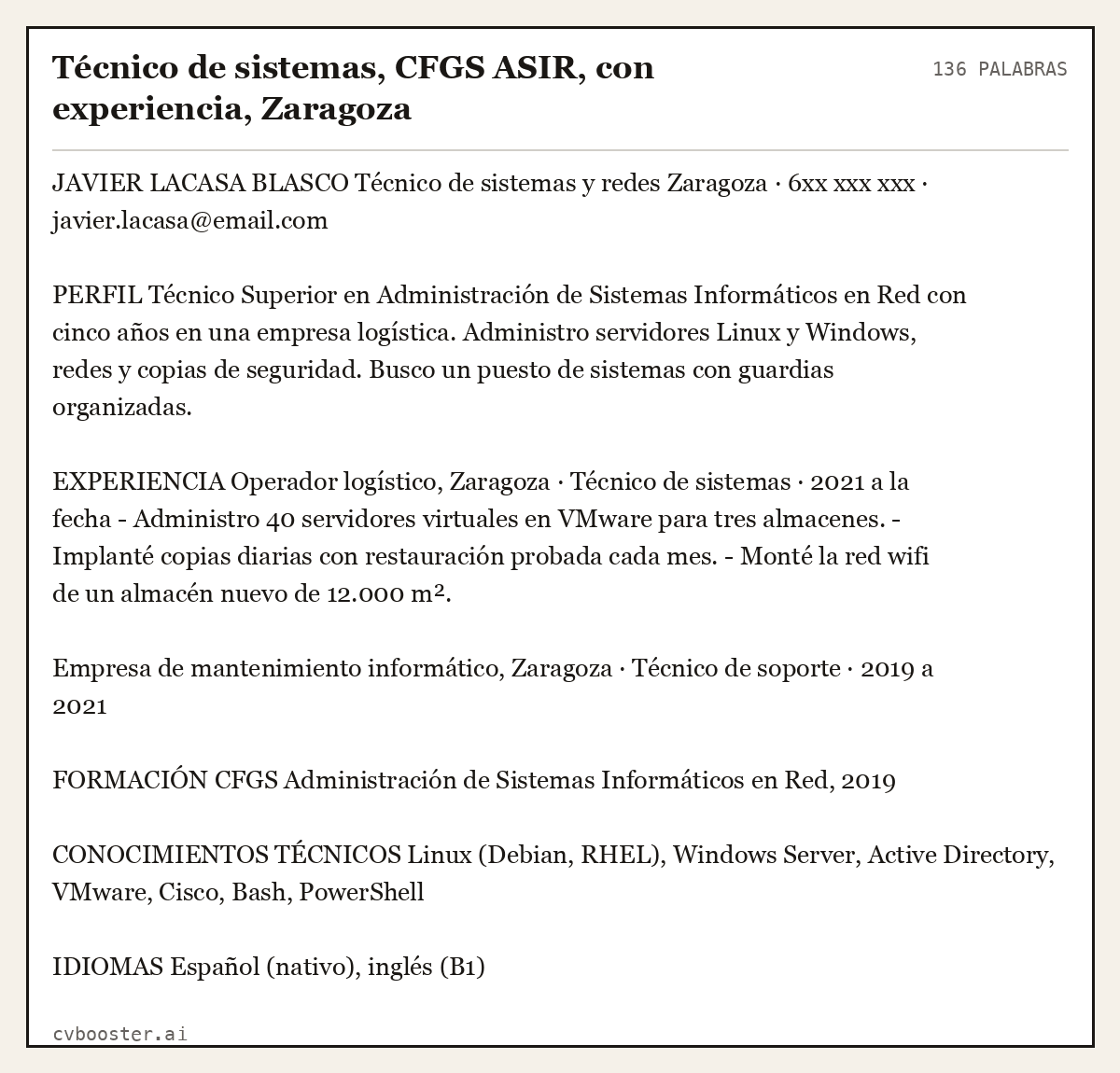 Ejemplo completo: Técnico de sistemas, CFGS ASIR, con experiencia, Zaragoza, 136 palabras
