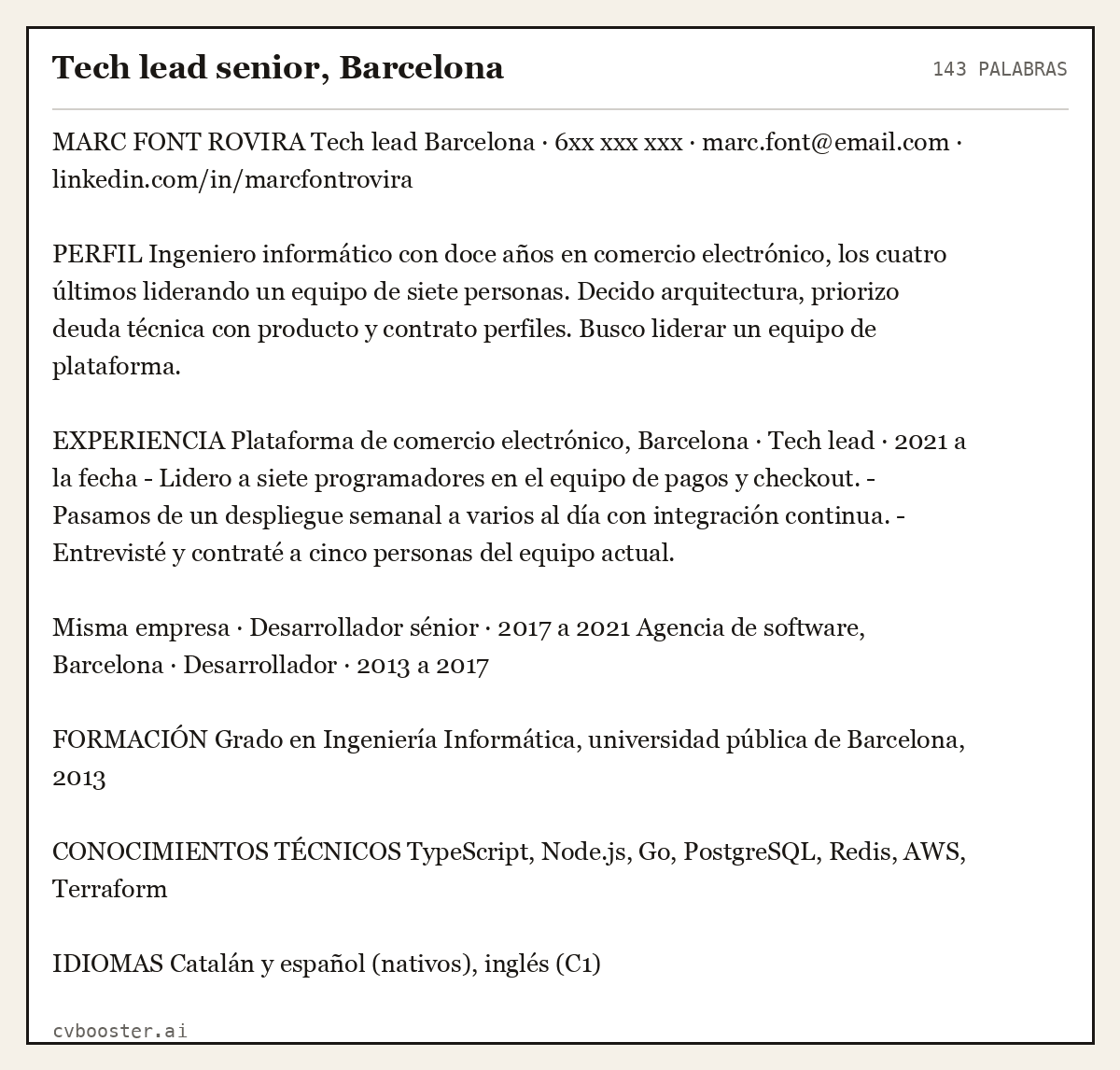 Ejemplo completo: Tech lead senior, Barcelona, 143 palabras