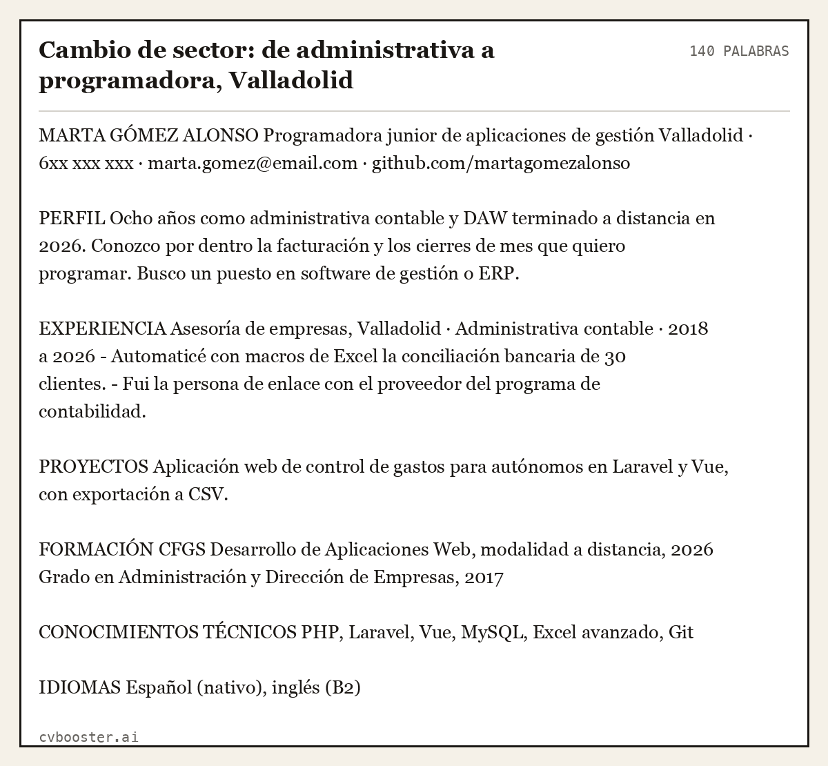 Ejemplo completo: Cambio de sector: de administrativa a programadora, Valladolid, 140 palabras