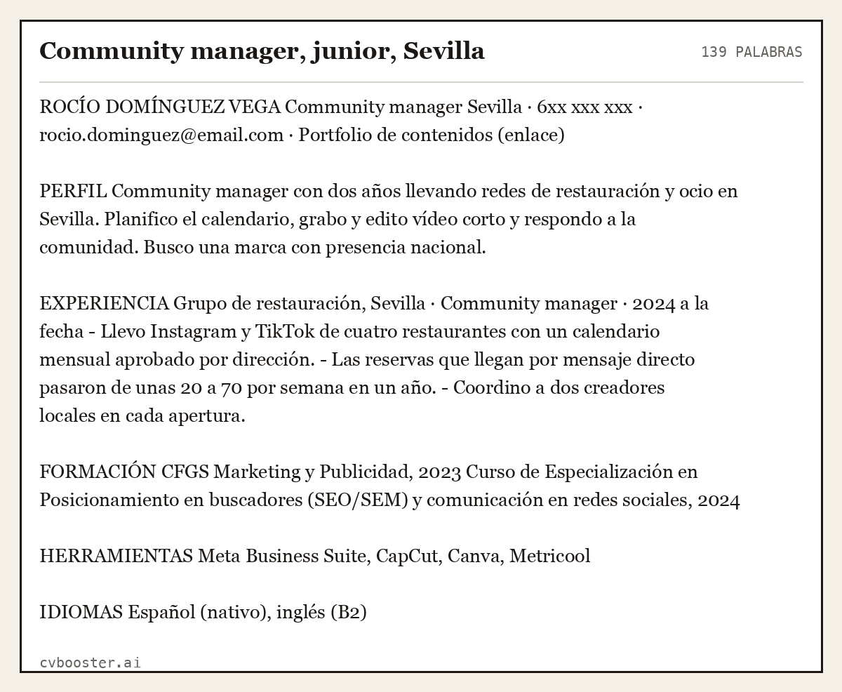 Ejemplo completo: Community manager, junior, Sevilla, 139 palabras