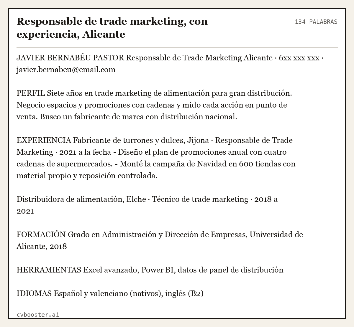 Ejemplo completo: Responsable de trade marketing, con experiencia, Alicante, 134 palabras