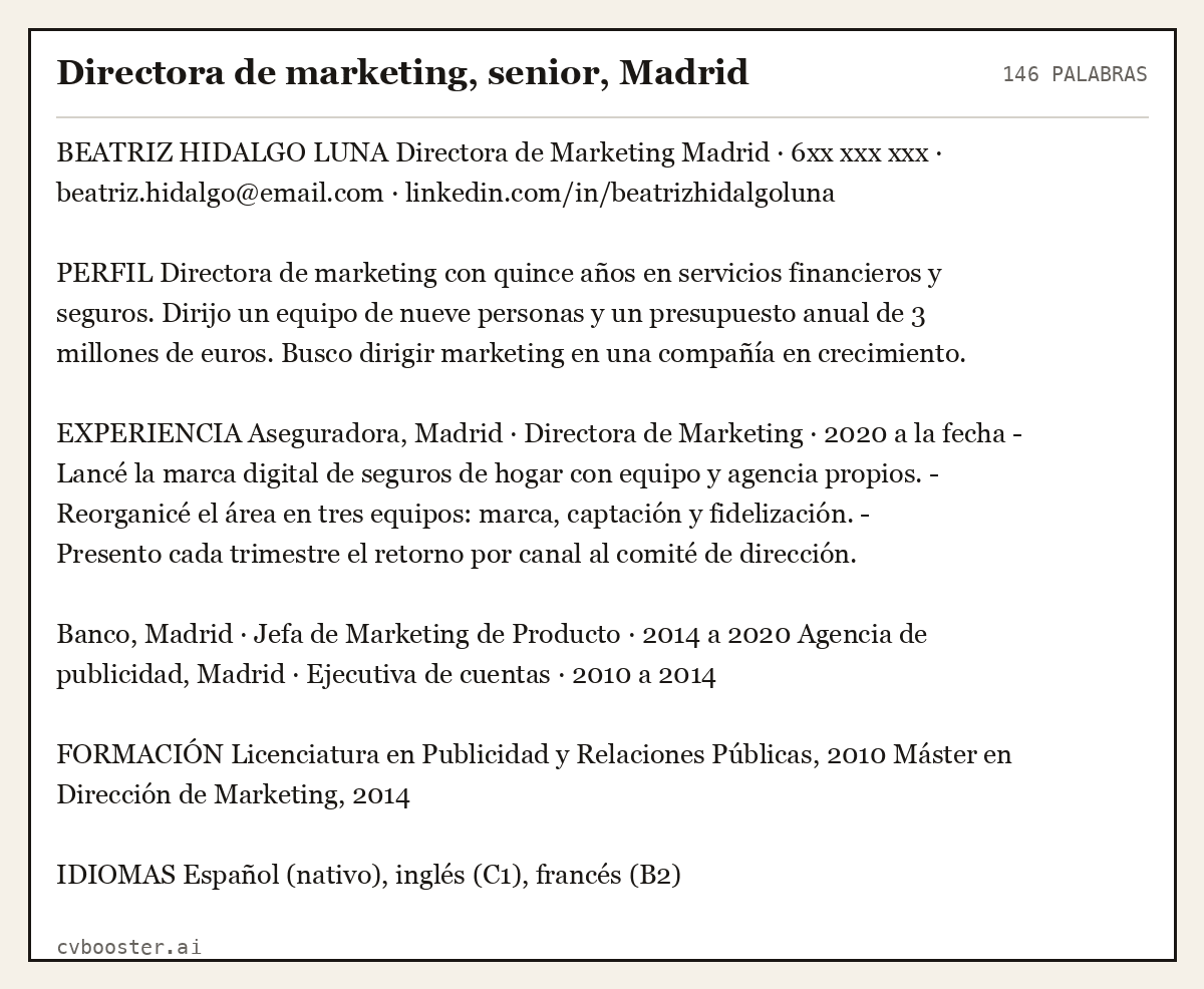 Ejemplo completo: Directora de marketing, senior, Madrid, 146 palabras