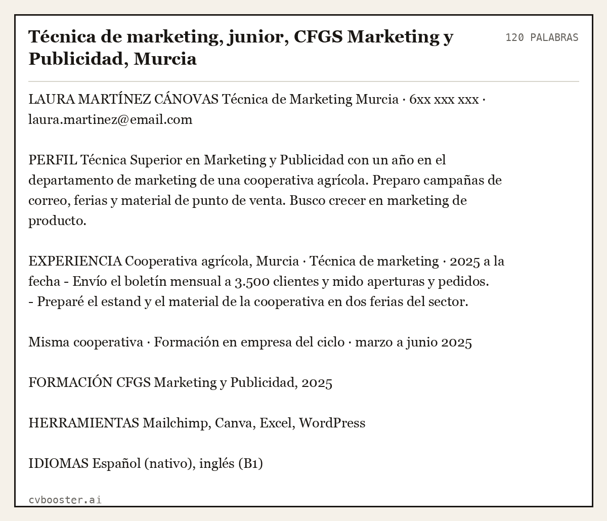 Ejemplo completo: Técnica de marketing, junior, CFGS Marketing y Publicidad, Murcia, 120 palabras