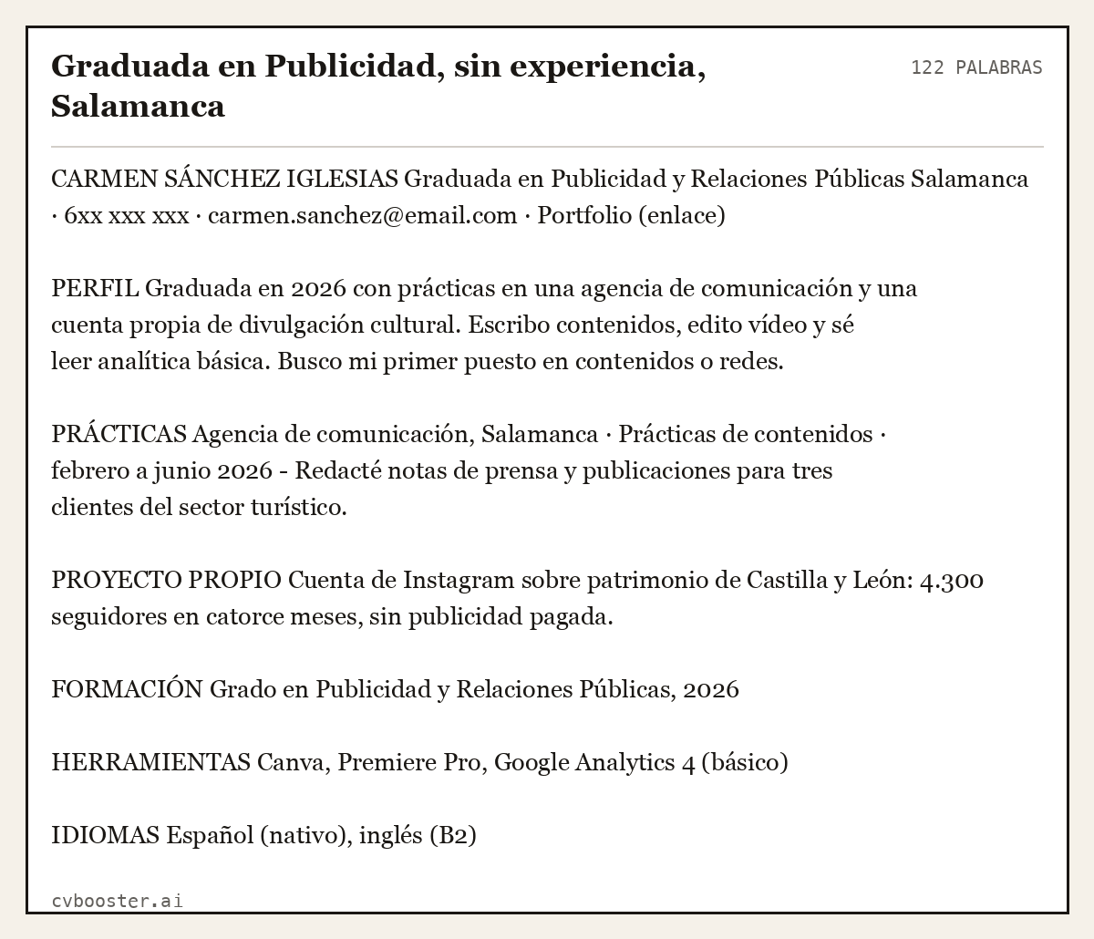 Ejemplo completo: Graduada en Publicidad, sin experiencia, Salamanca, 122 palabras