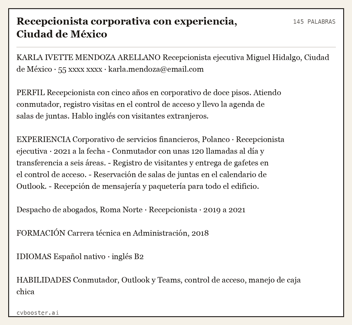 Ejemplo completo: Recepcionista corporativa con experiencia, Ciudad de México, 145 palabras