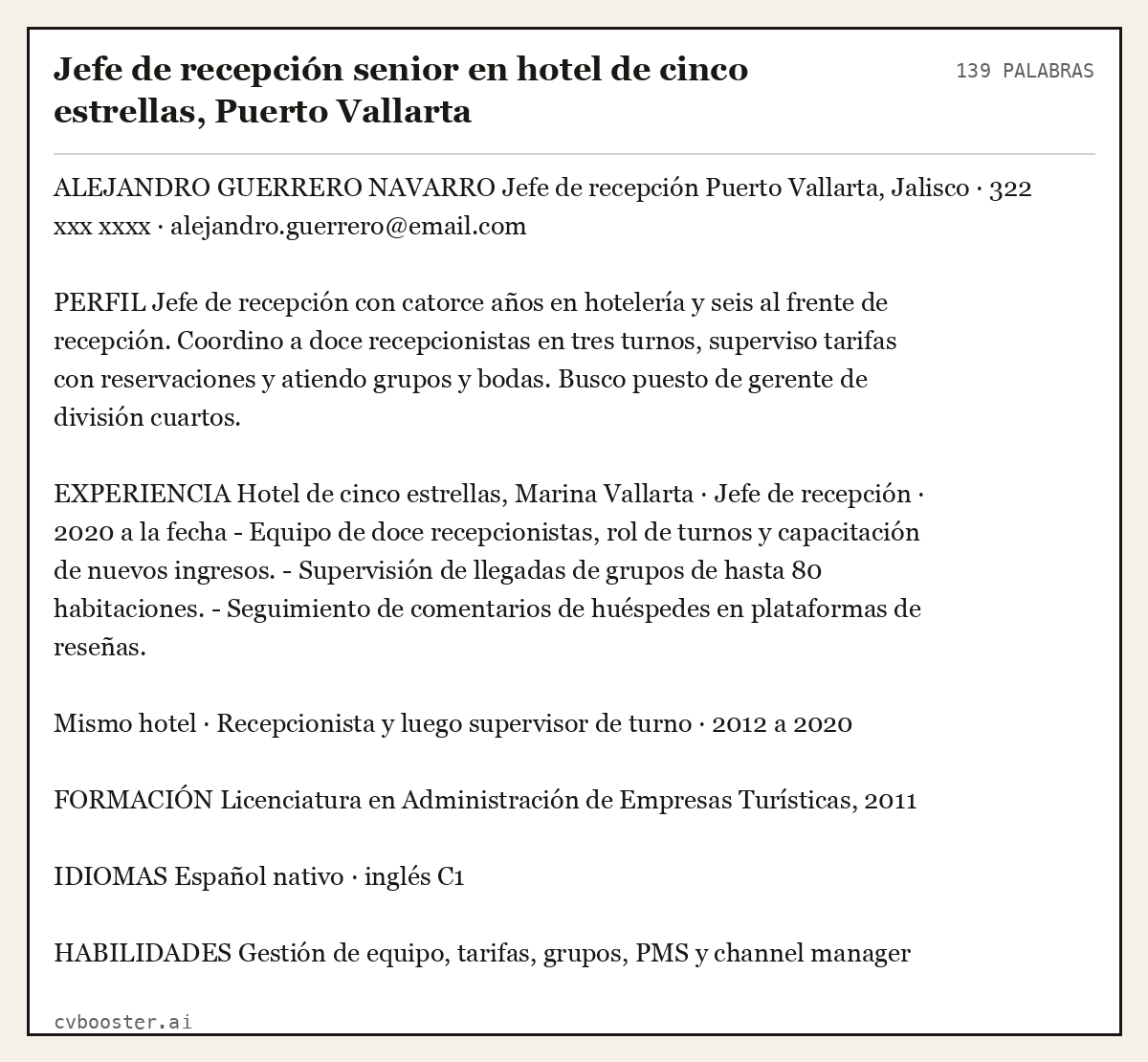 Ejemplo completo: Jefe de recepción senior en hotel de cinco estrellas, Puerto Vallarta, 139 palabras