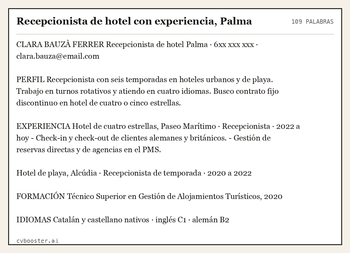 Ejemplo completo: Recepcionista de hotel con experiencia, Palma, 109 palabras
