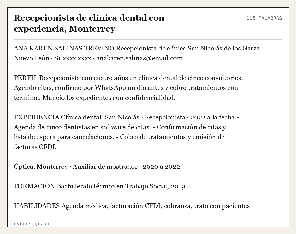 Ejemplo completo: Recepcionista de clínica dental con experiencia, Monterrey, 115 palabras