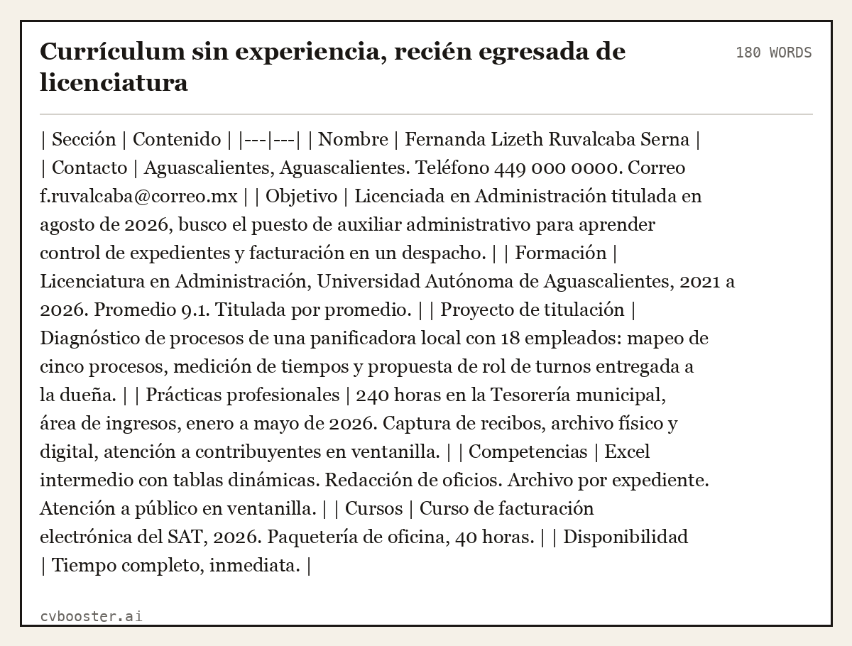 Ejemplo completo: Currículum sin experiencia, recién egresada de licenciatura, 180 palabras