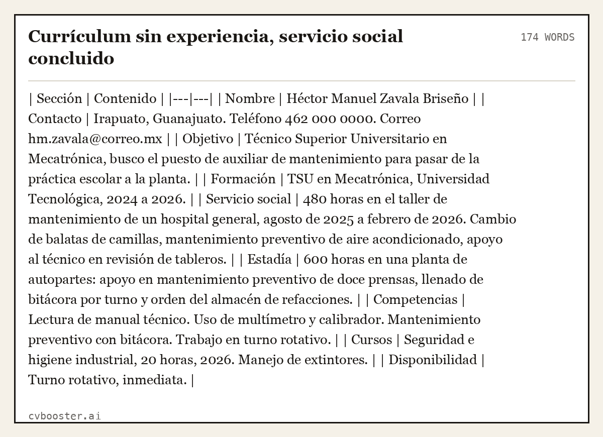Ejemplo completo: Currículum sin experiencia, servicio social concluido, 174 palabras