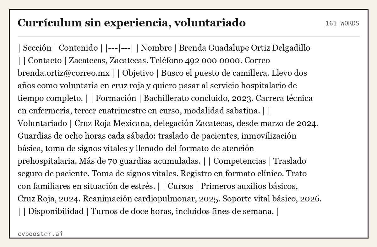 Ejemplo completo: Currículum sin experiencia, voluntariado, 161 palabras