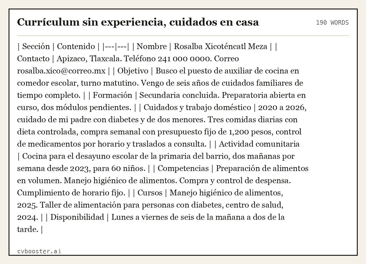 Ejemplo completo: Currículum sin experiencia, cuidados en casa, 190 palabras