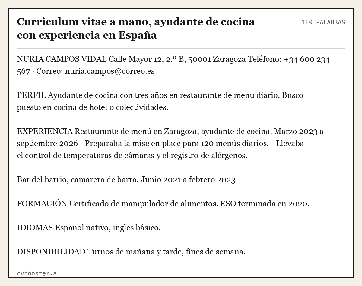 Ejemplo completo: Curriculum vitae a mano, ayudante de cocina con experiencia en España, 110 palabras