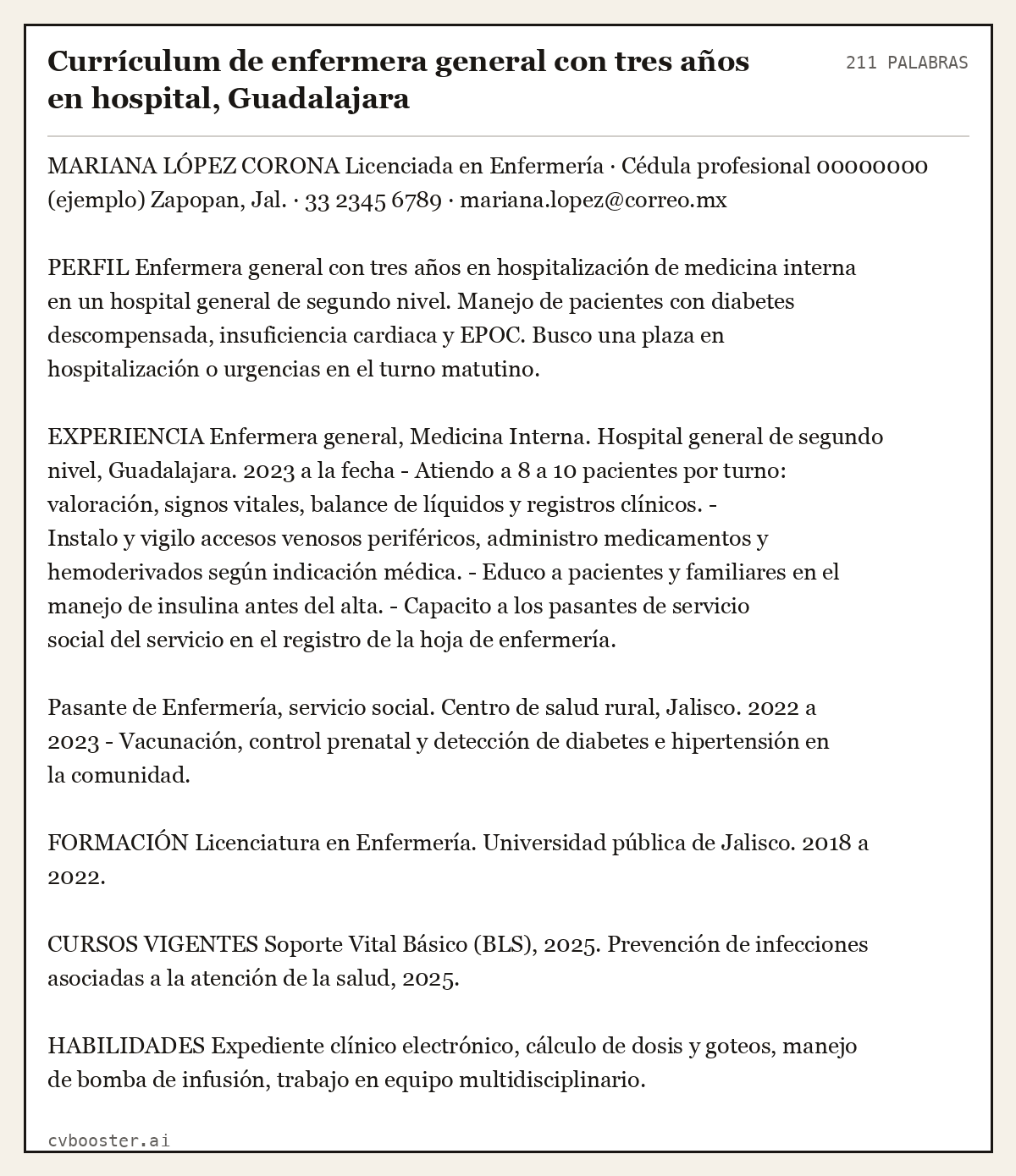 Ejemplo completo: Currículum de enfermera general con tres años en hospital, Guadalajara, 211 palabras