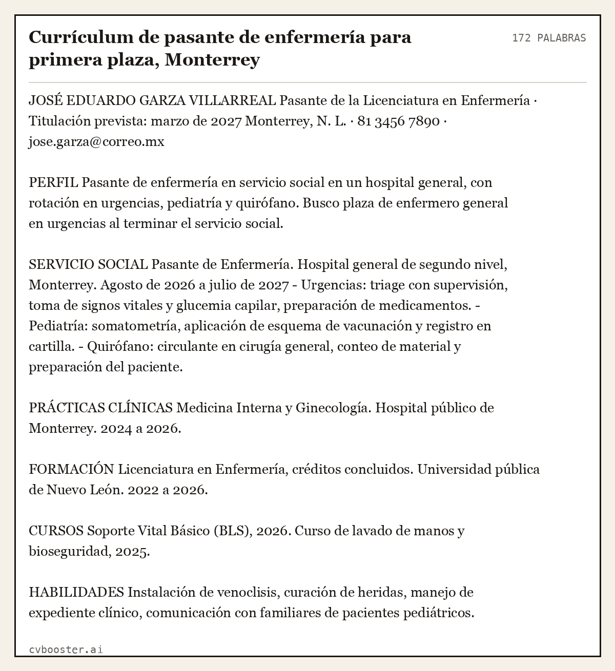 Ejemplo completo: Currículum de pasante de enfermería para primera plaza, Monterrey, 172 palabras