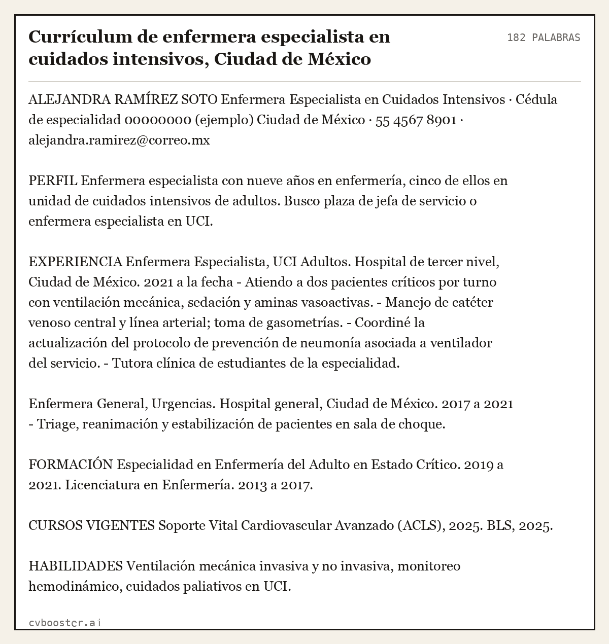 Ejemplo completo: Currículum de enfermera especialista en cuidados intensivos, Ciudad de México, 182 palabras