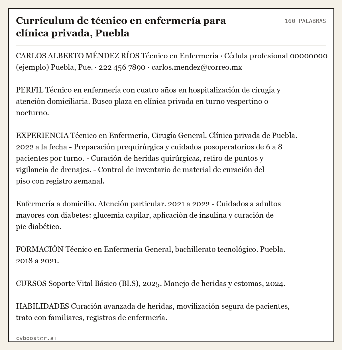 Ejemplo completo: Currículum de técnico en enfermería para clínica privada, Puebla, 160 palabras