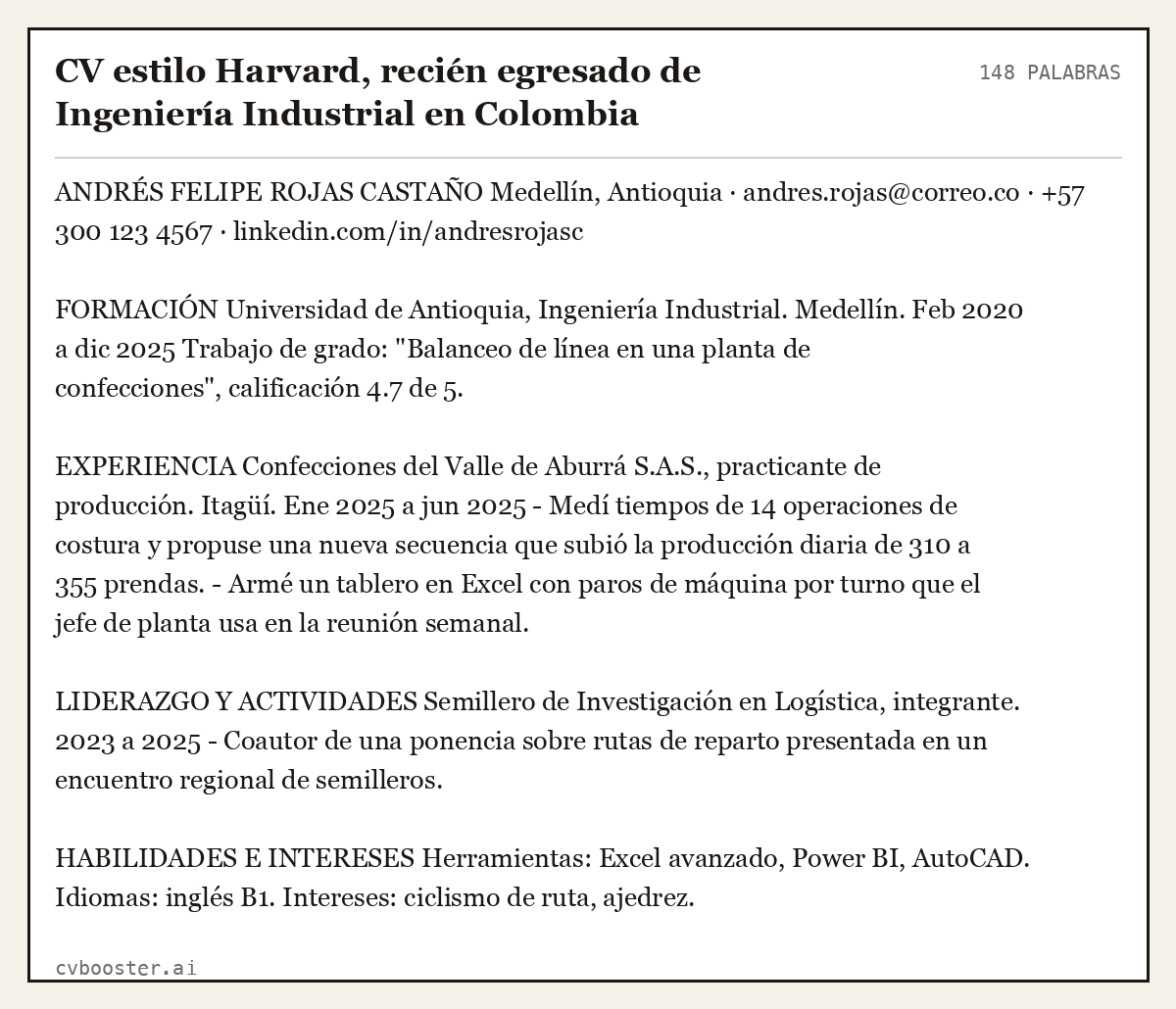 Ejemplo completo: CV estilo Harvard, recién egresado de Ingeniería Industrial en Colombia, 148 palabras