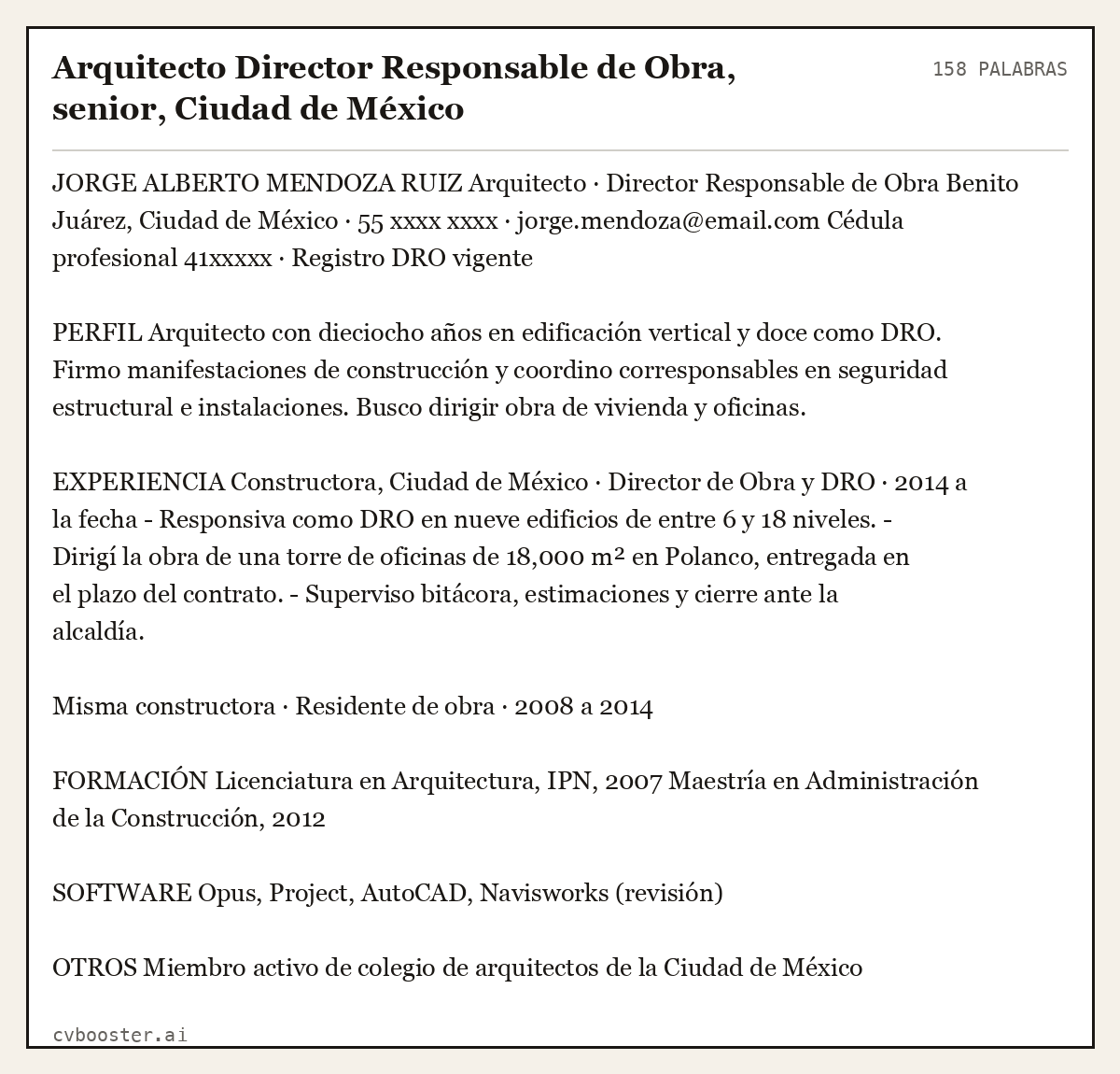 Ejemplo completo: Arquitecto Director Responsable de Obra, senior, Ciudad de México, 158 palabras
