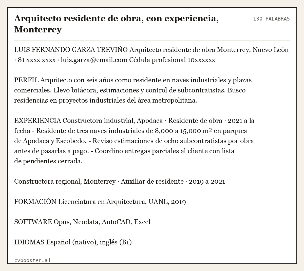 Ejemplo completo: Arquitecto residente de obra, con experiencia, Monterrey, 130 palabras