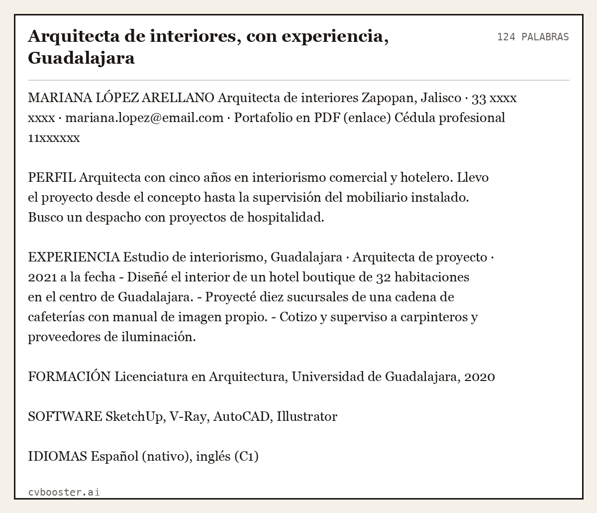 Ejemplo completo: Arquitecta de interiores, con experiencia, Guadalajara, 124 palabras