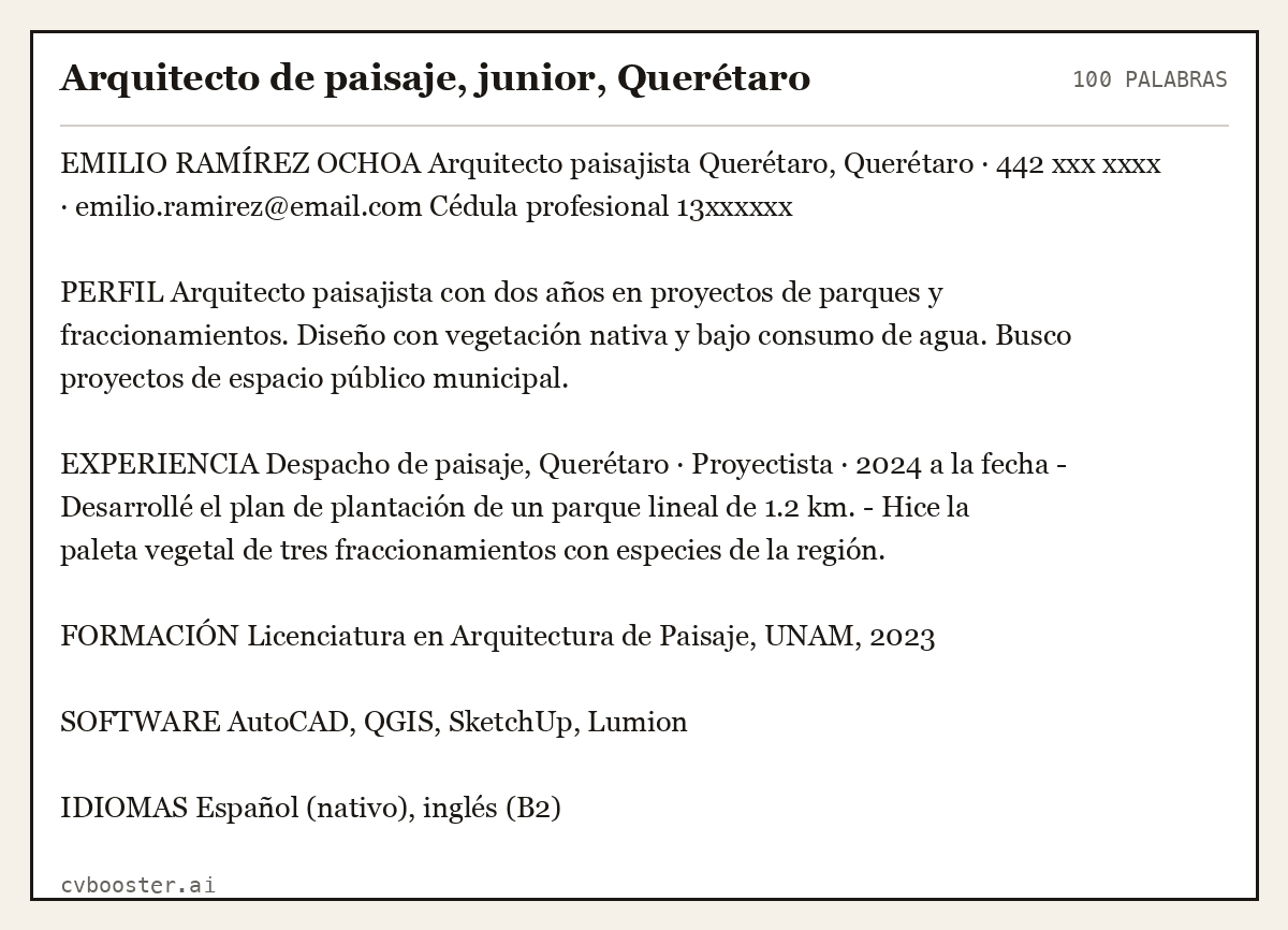 Ejemplo completo: Arquitecto de paisaje, junior, Querétaro, 100 palabras