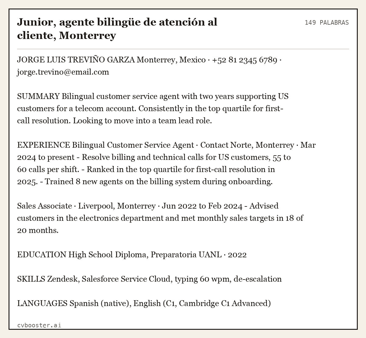 Ejemplo completo: Junior, agente bilingüe de atención al cliente, Monterrey, 149 palabras