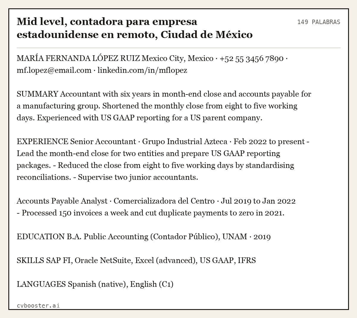 Ejemplo completo: Mid level, contadora para empresa estadounidense en remoto, Ciudad de México, 149 palabras
