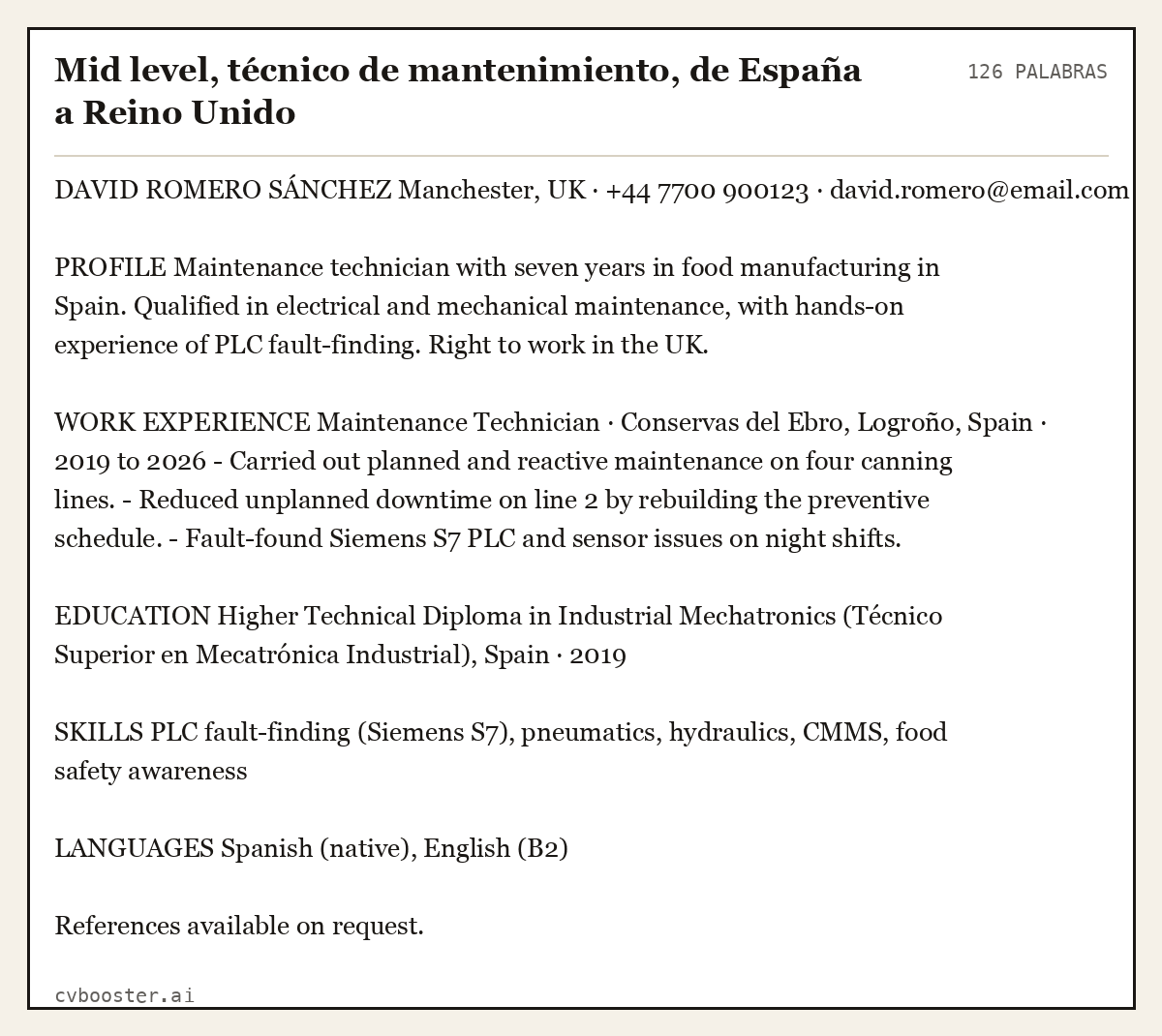 Ejemplo completo: Mid level, técnico de mantenimiento, de España a Reino Unido, 126 palabras