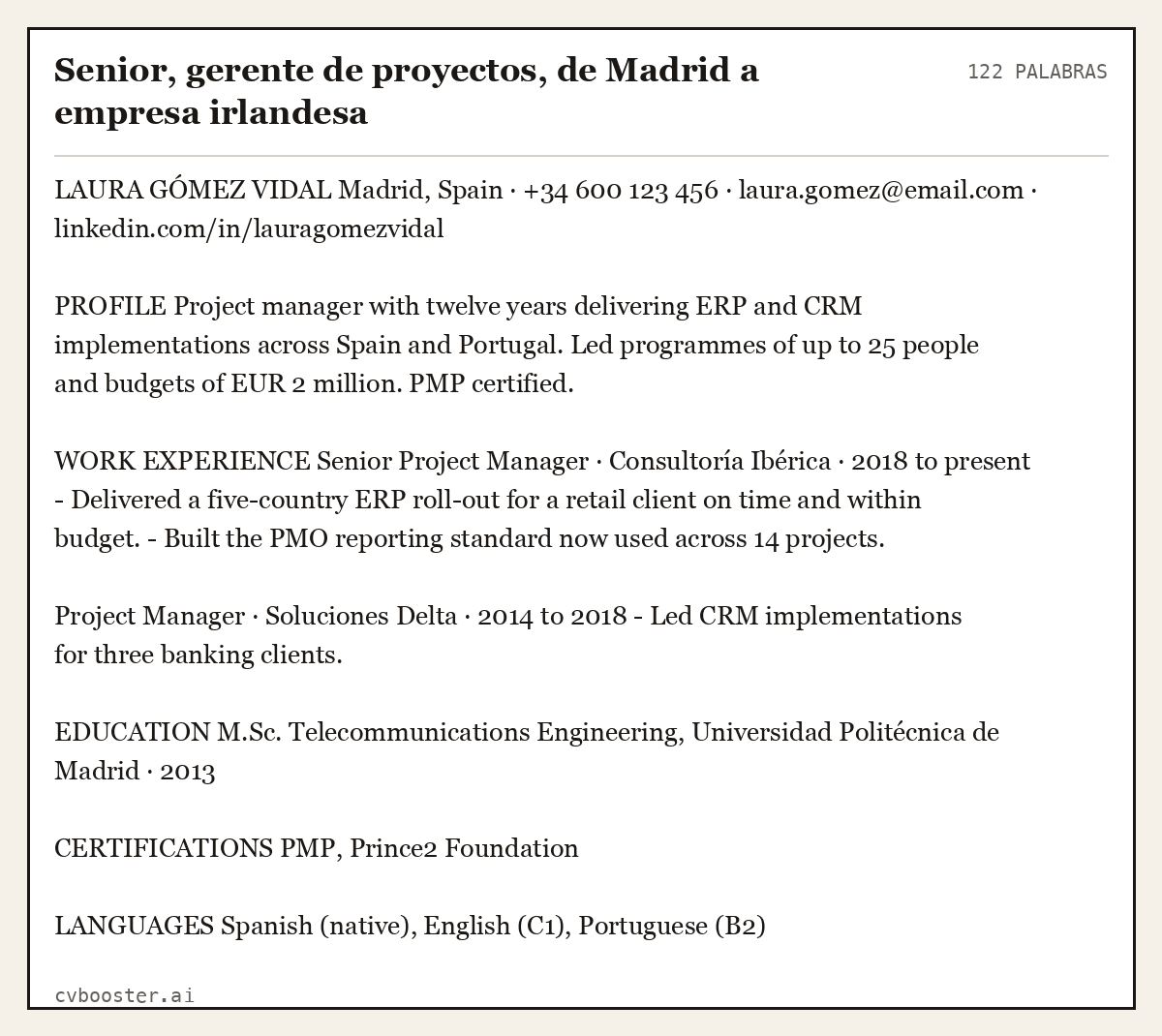 Ejemplo completo: Senior, gerente de proyectos, de Madrid a empresa irlandesa, 122 palabras