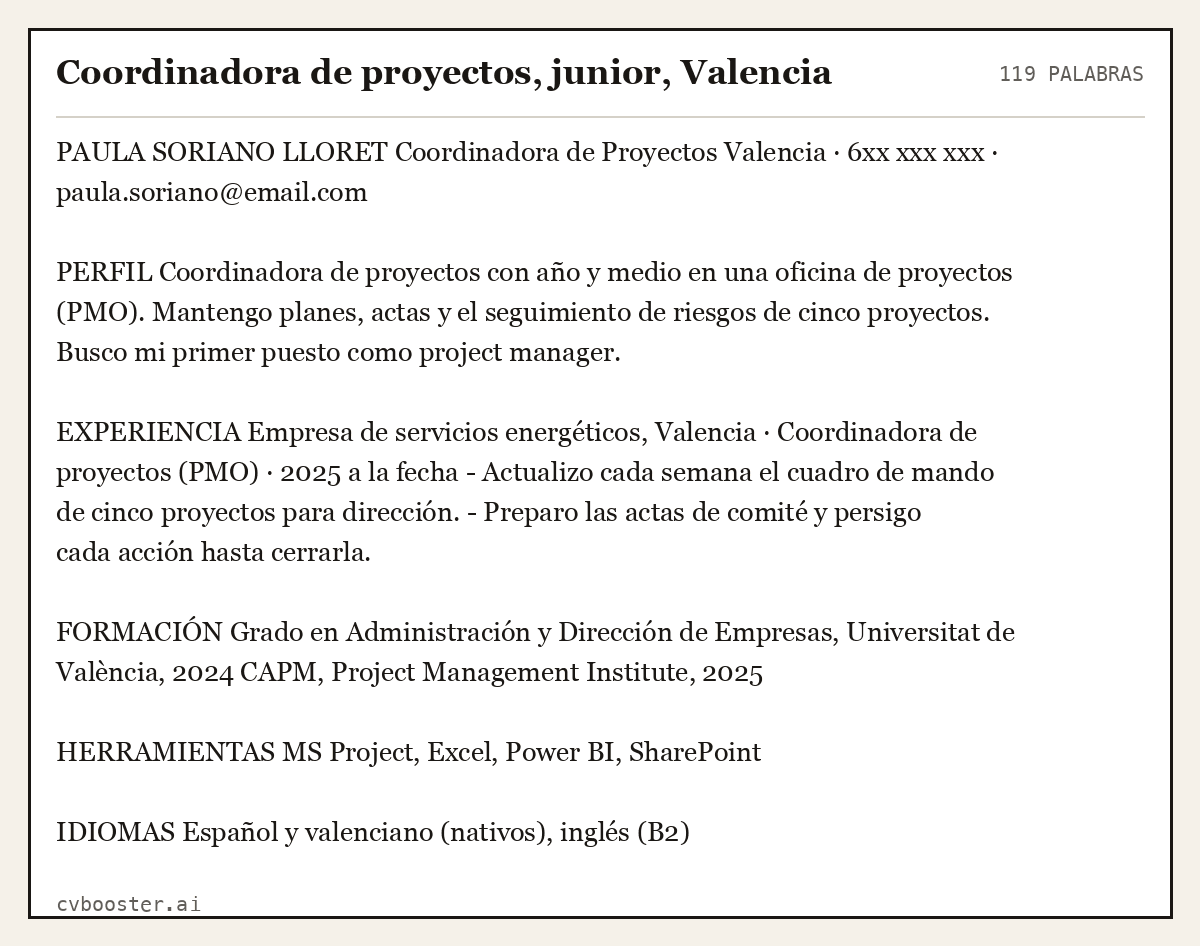 Ejemplo completo: Coordinadora de proyectos, junior, Valencia, 119 palabras