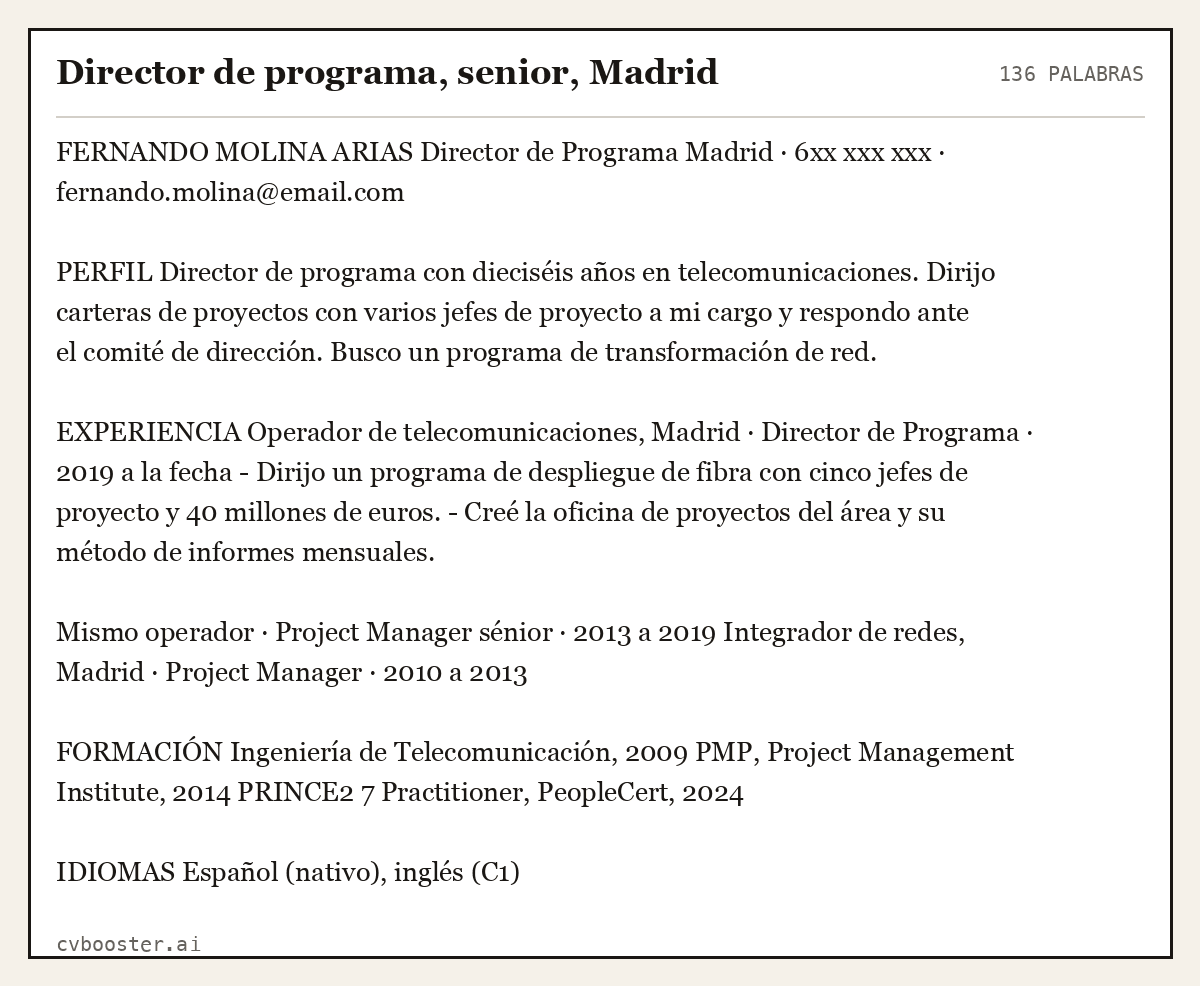 Ejemplo completo: Director de programa, senior, Madrid, 136 palabras