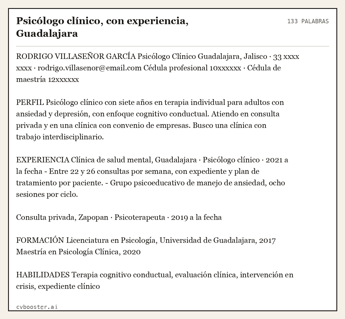 Ejemplo completo: Psicólogo clínico, con experiencia, Guadalajara, 133 palabras