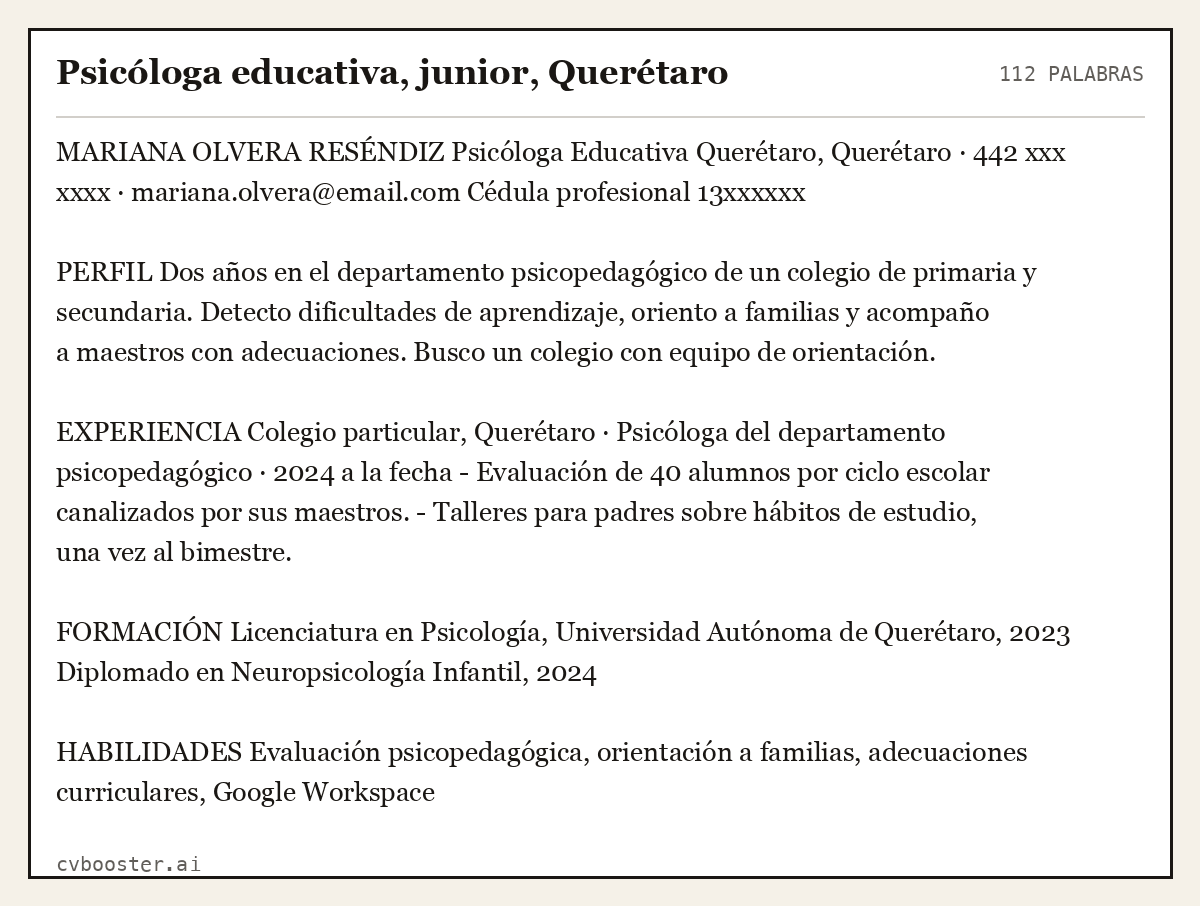 Ejemplo completo: Psicóloga educativa, junior, Querétaro, 112 palabras