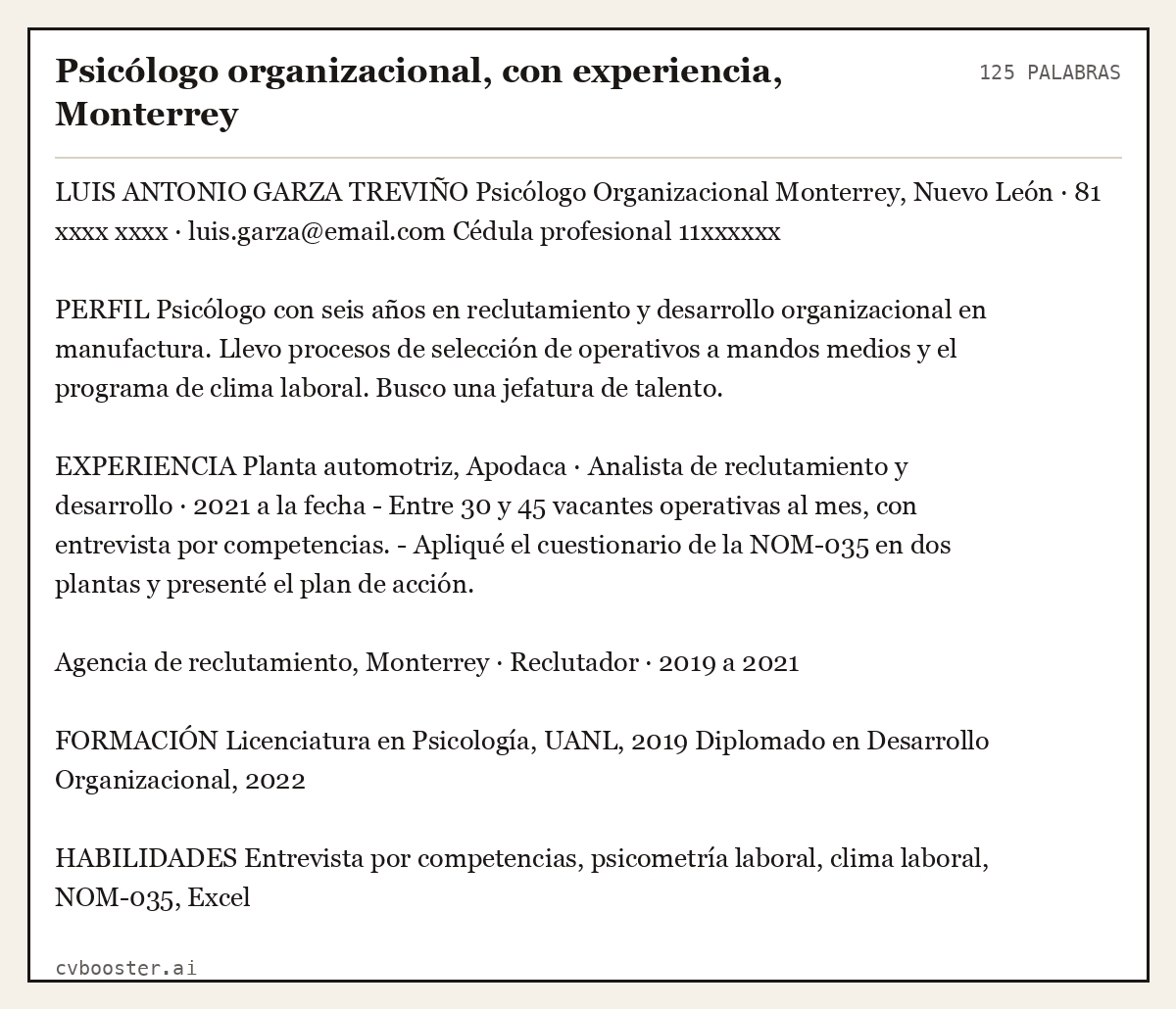 Ejemplo completo: Psicólogo organizacional, con experiencia, Monterrey, 125 palabras