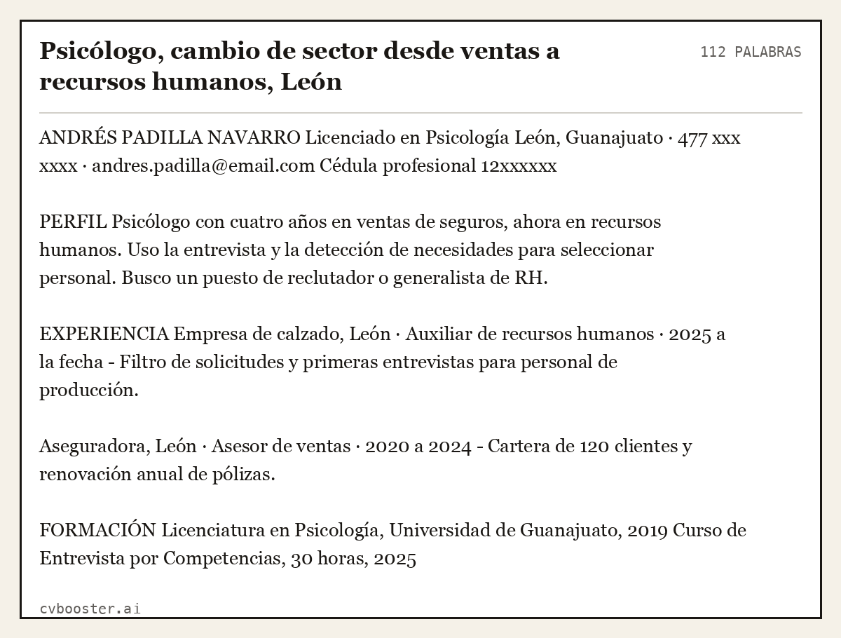 Ejemplo completo: Psicólogo, cambio de sector desde ventas a recursos humanos, León, 112 palabras
