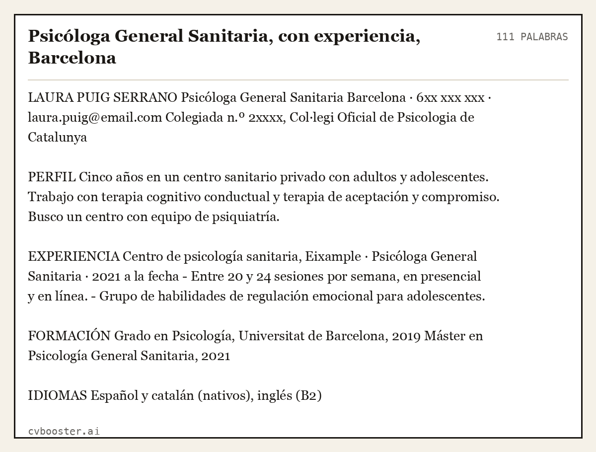 Ejemplo completo: Psicóloga General Sanitaria, con experiencia, Barcelona, 111 palabras
