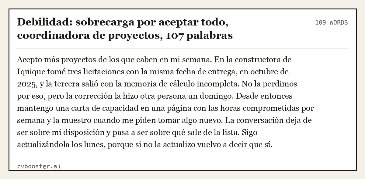 Ejemplo completo: Debilidad: sobrecarga por aceptar todo, coordinadora de proyectos, 107 palabras, 109 palabras