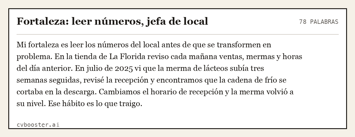 Ejemplo completo: Fortaleza: leer números, jefa de local, 78 palabras