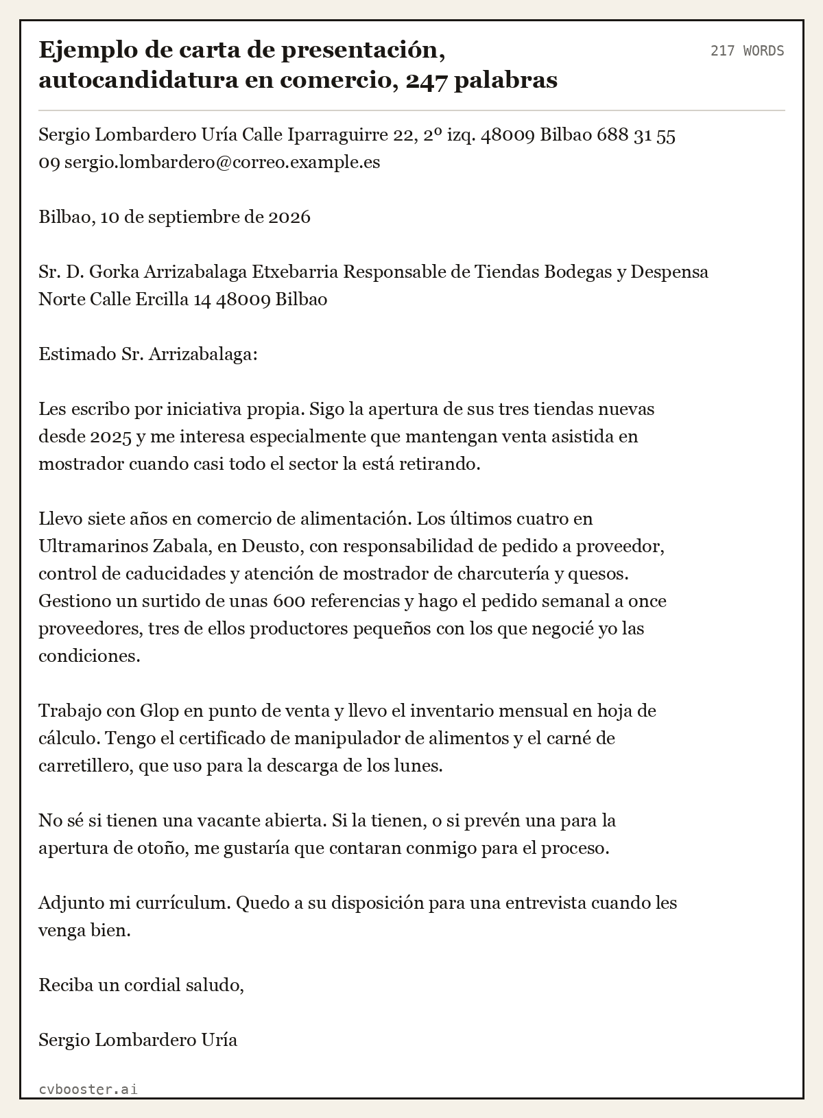Ejemplo completo: Ejemplo de carta de presentación, autocandidatura en comercio, 247 palabras, 217 palabras