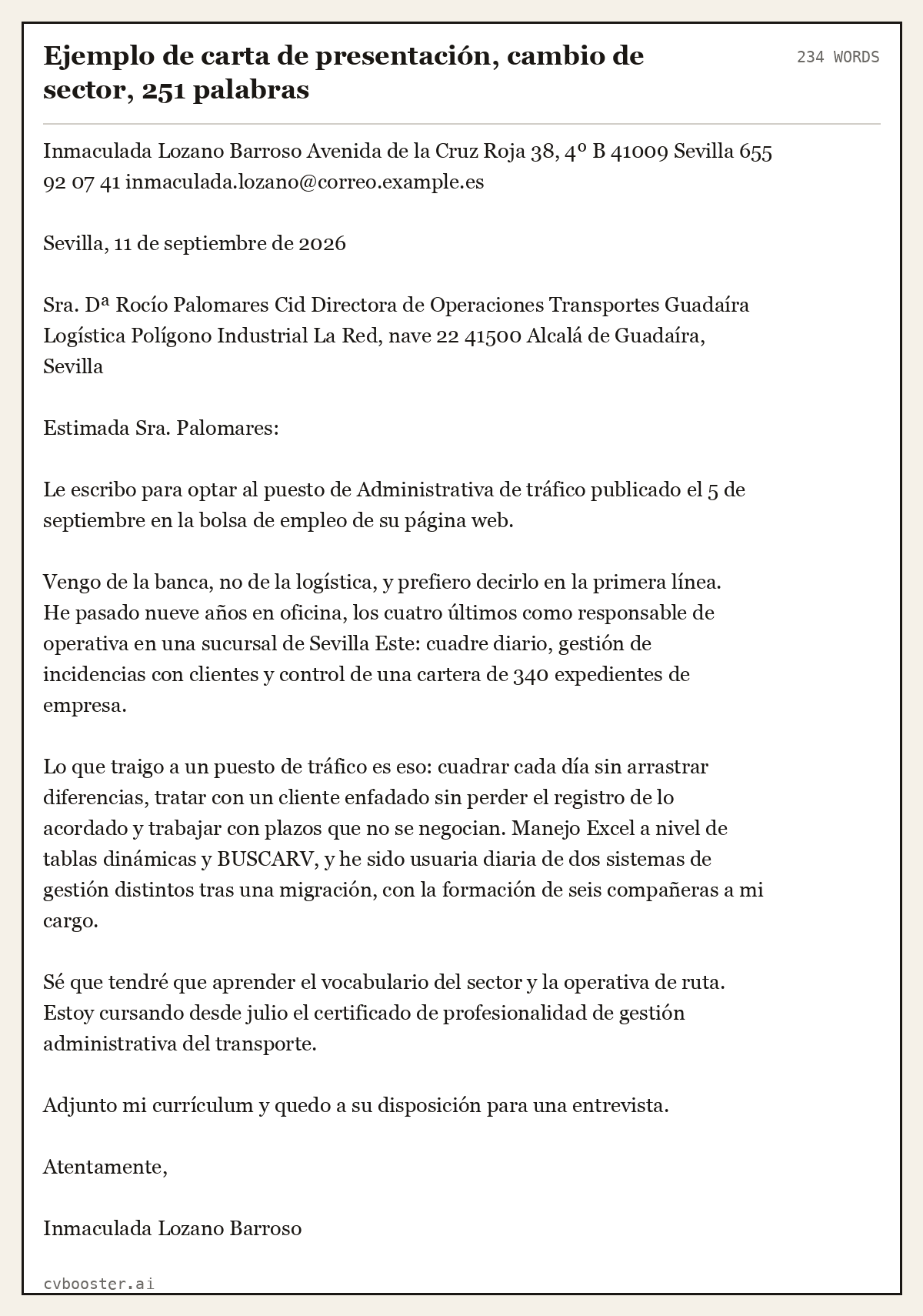 Ejemplo completo: Ejemplo de carta de presentación, cambio de sector, 251 palabras, 234 palabras