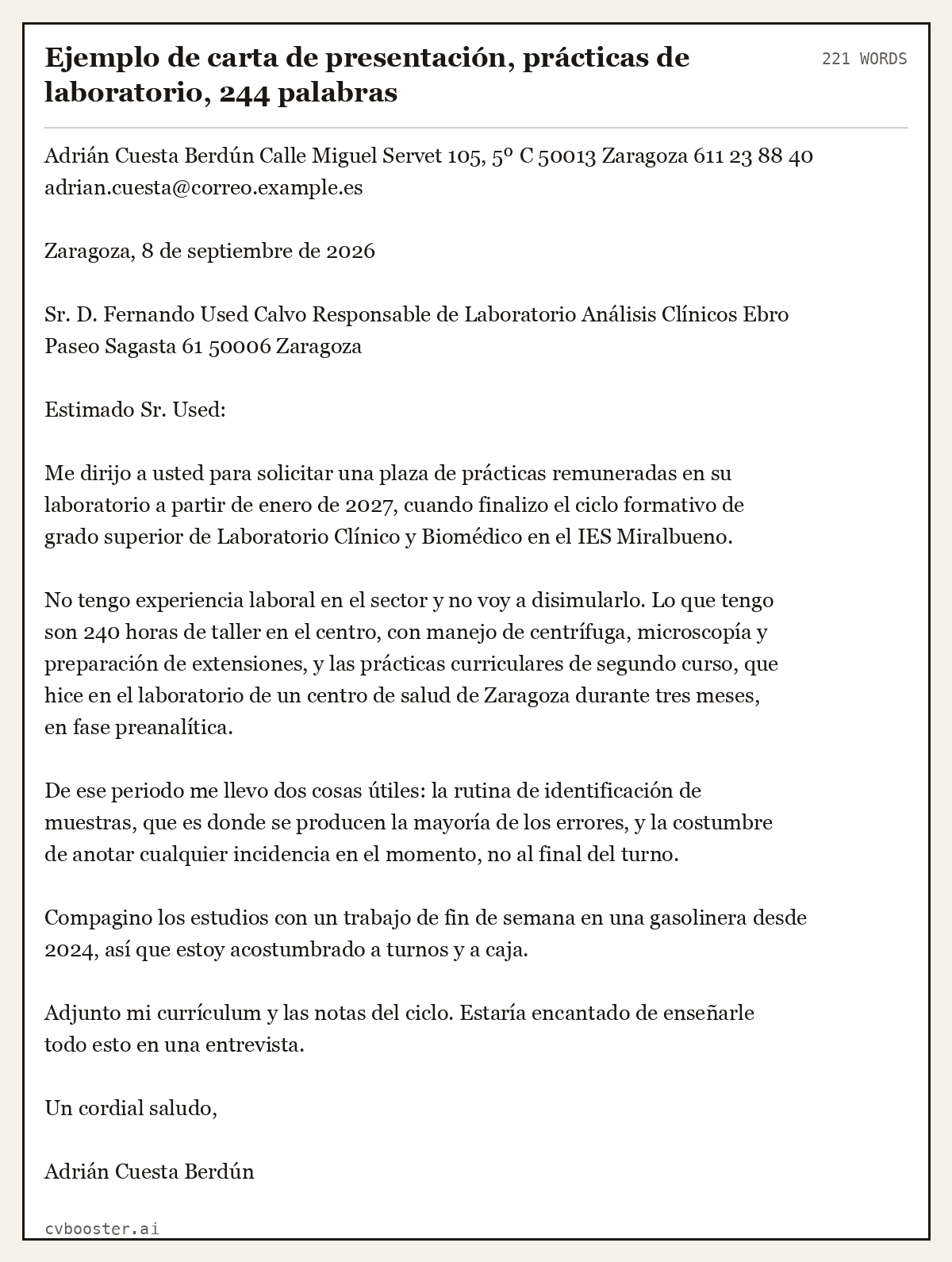 Ejemplo completo: Ejemplo de carta de presentación, prácticas de laboratorio, 244 palabras, 221 palabras