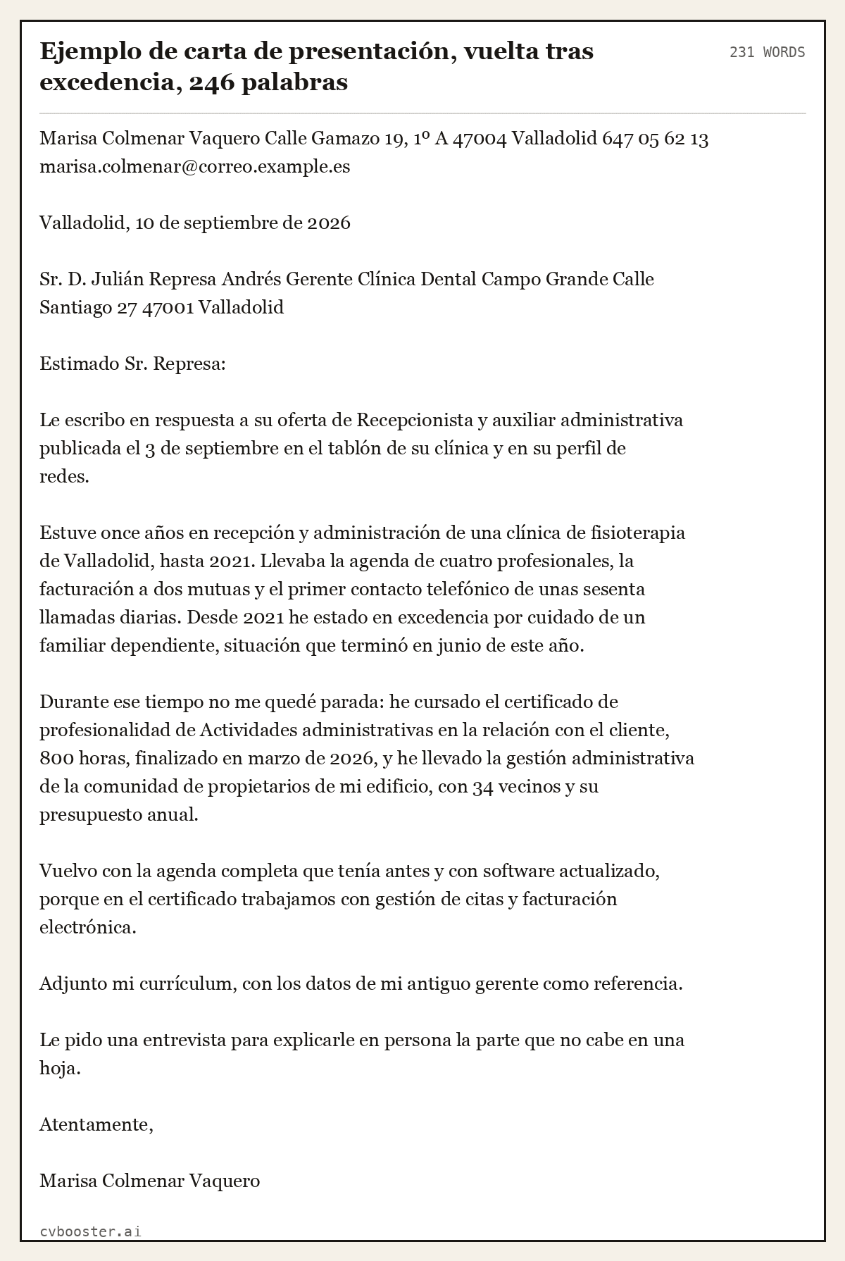 Ejemplo completo: Ejemplo de carta de presentación, vuelta tras excedencia, 246 palabras, 231 palabras