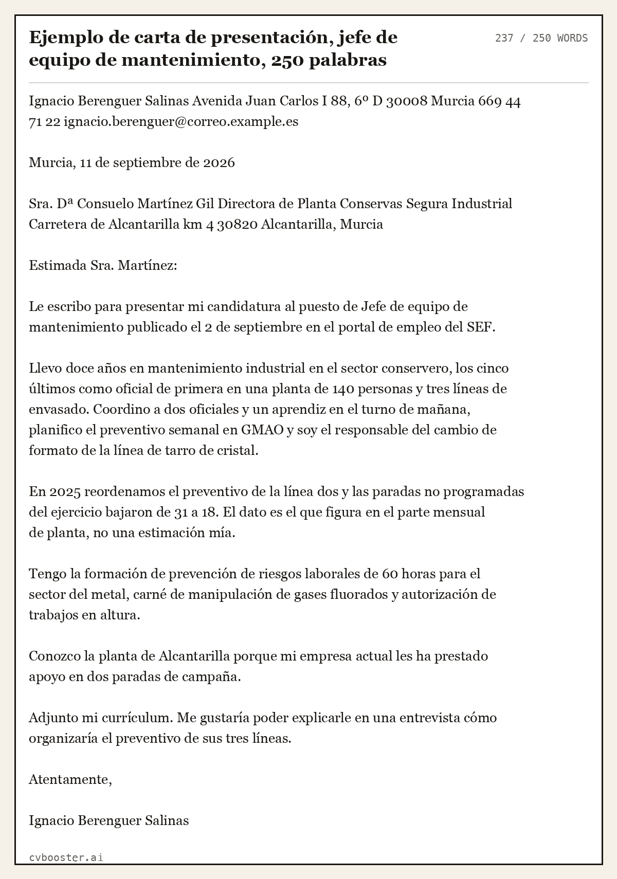Ejemplo completo: Ejemplo de carta de presentación, jefe de equipo de mantenimiento, 250 palabras, 237 palabras