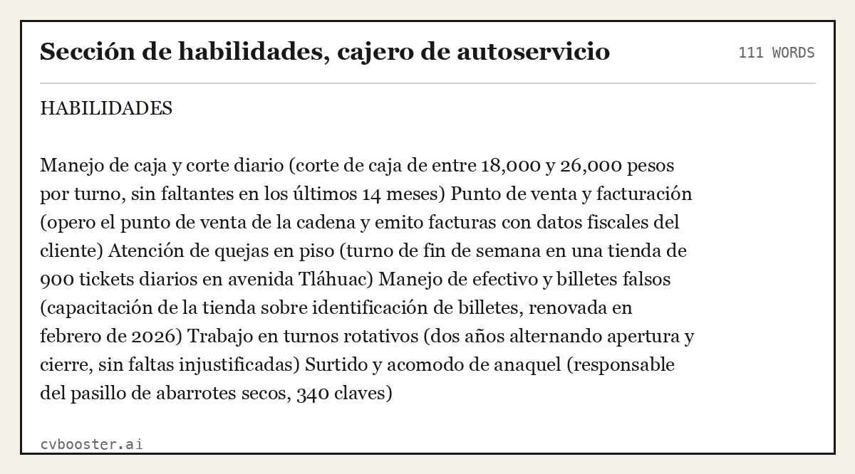 Ejemplo completo: Sección de habilidades, cajero de autoservicio, 111 palabras