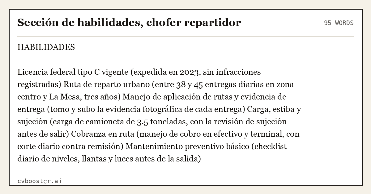 Ejemplo completo: Sección de habilidades, chofer repartidor, 95 palabras