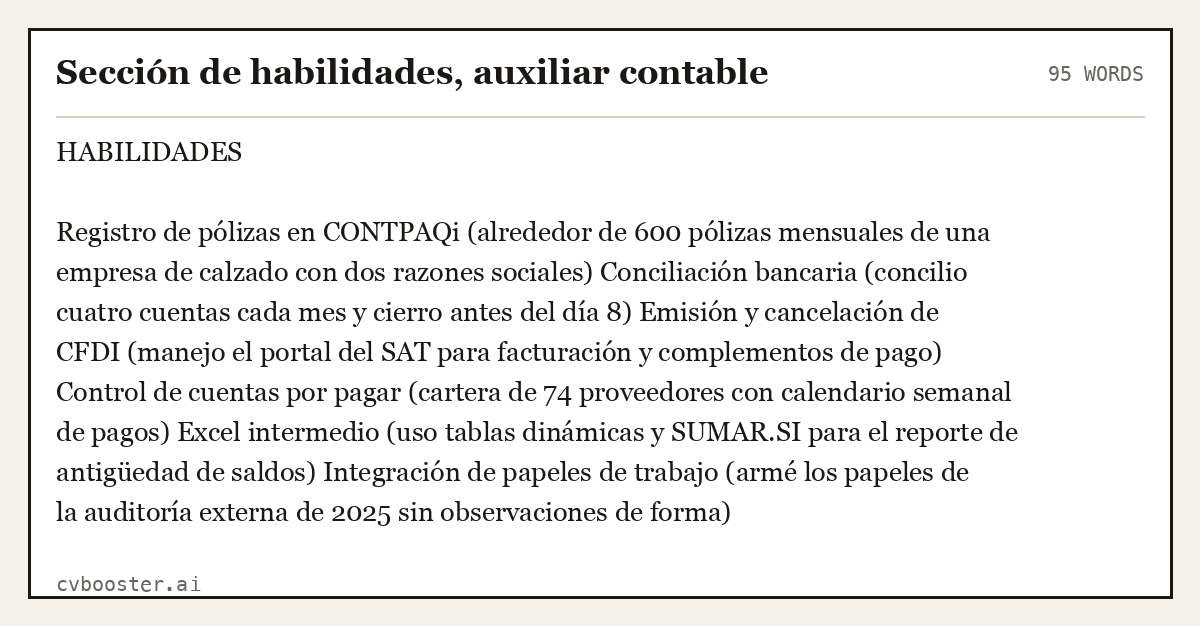 Ejemplo completo: Sección de habilidades, auxiliar contable, 95 palabras