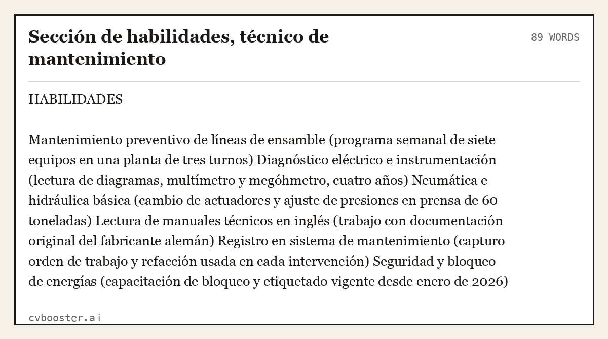 Ejemplo completo: Sección de habilidades, técnico de mantenimiento, 89 palabras