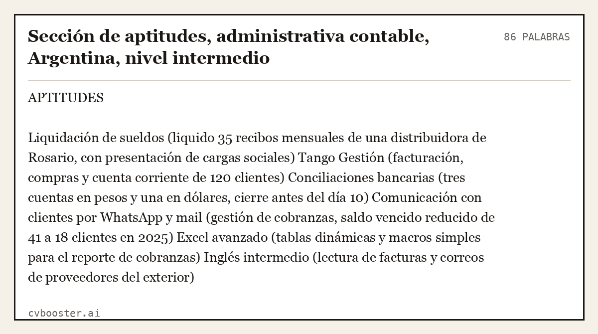 Ejemplo completo: Sección de aptitudes, administrativa contable, Argentina, nivel intermedio, 86 palabras